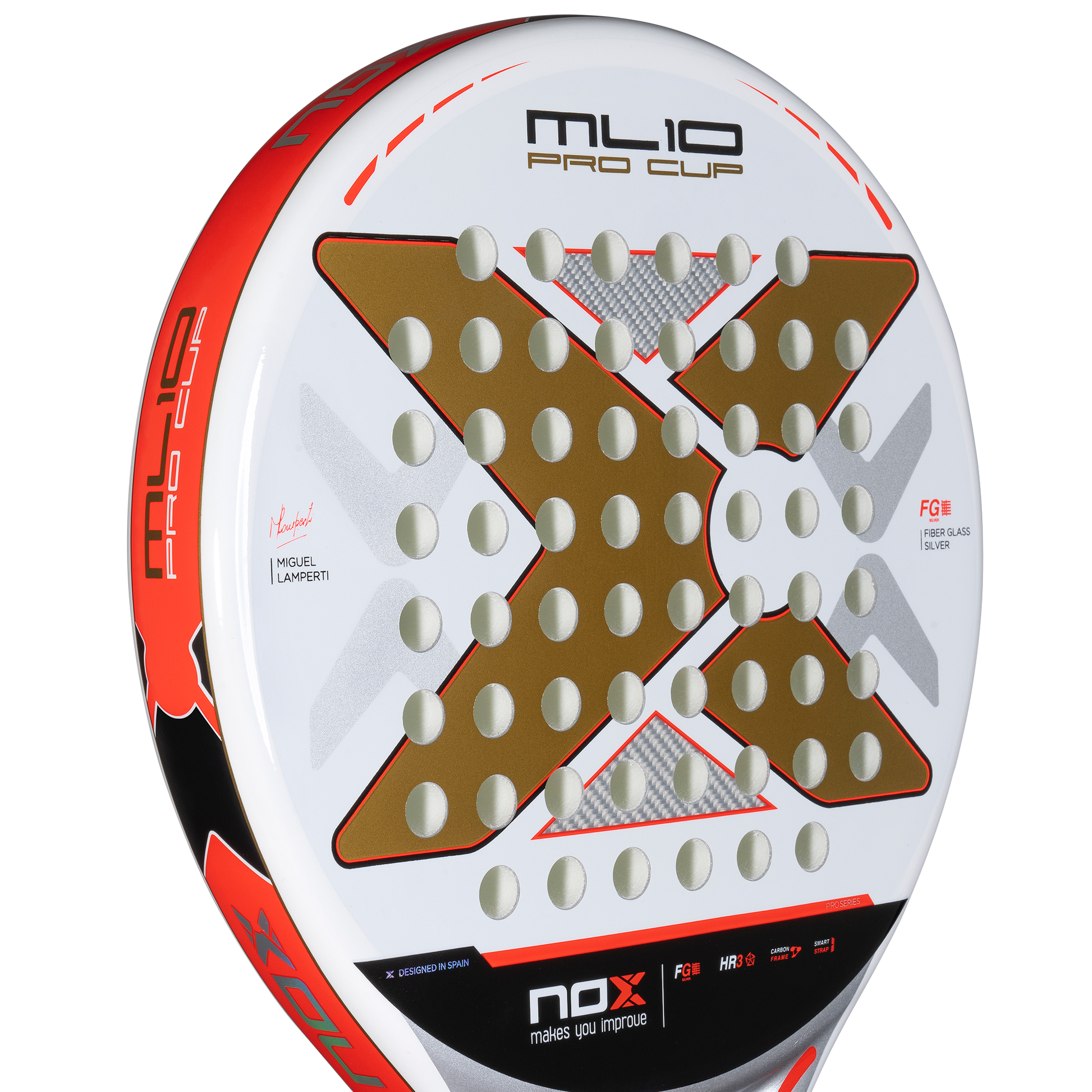 Close up of the hitting surface on the NOX ML10 Pro Cup 2025 padel racket inspired by Miguel Lampertti, that is now available in New Zealand from The Padel Shop NZ