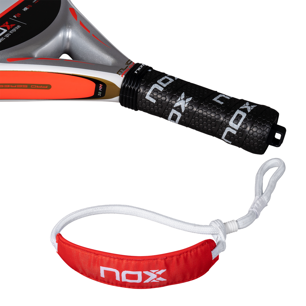 Close up of the handle and smartstrap on the NOX ML10 Pro Cup 2025 padel racket inspired by Miguel Lampertti, that is now available in New Zealand from The Padel Shop NZ