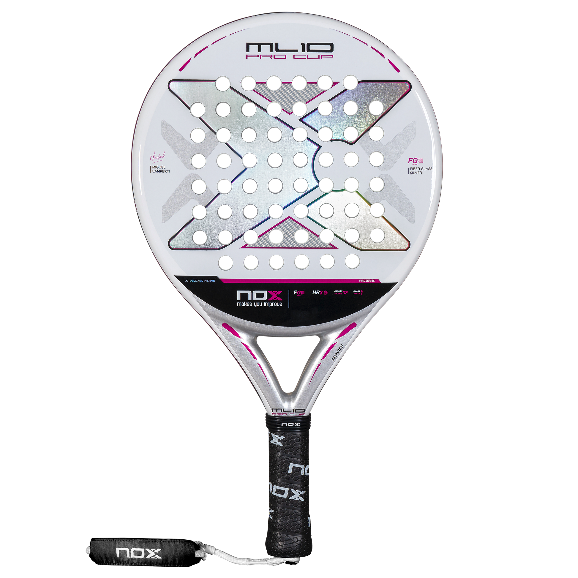 Front view of the NOX ML10 Pro Cup Silver Padel Racket available in New Zealand from ThePadelShop.co.nz