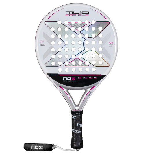 Front view of the NOX ML10 Pro Cup Silver Padel Racket available in New Zealand from ThePadelShop.co.nz