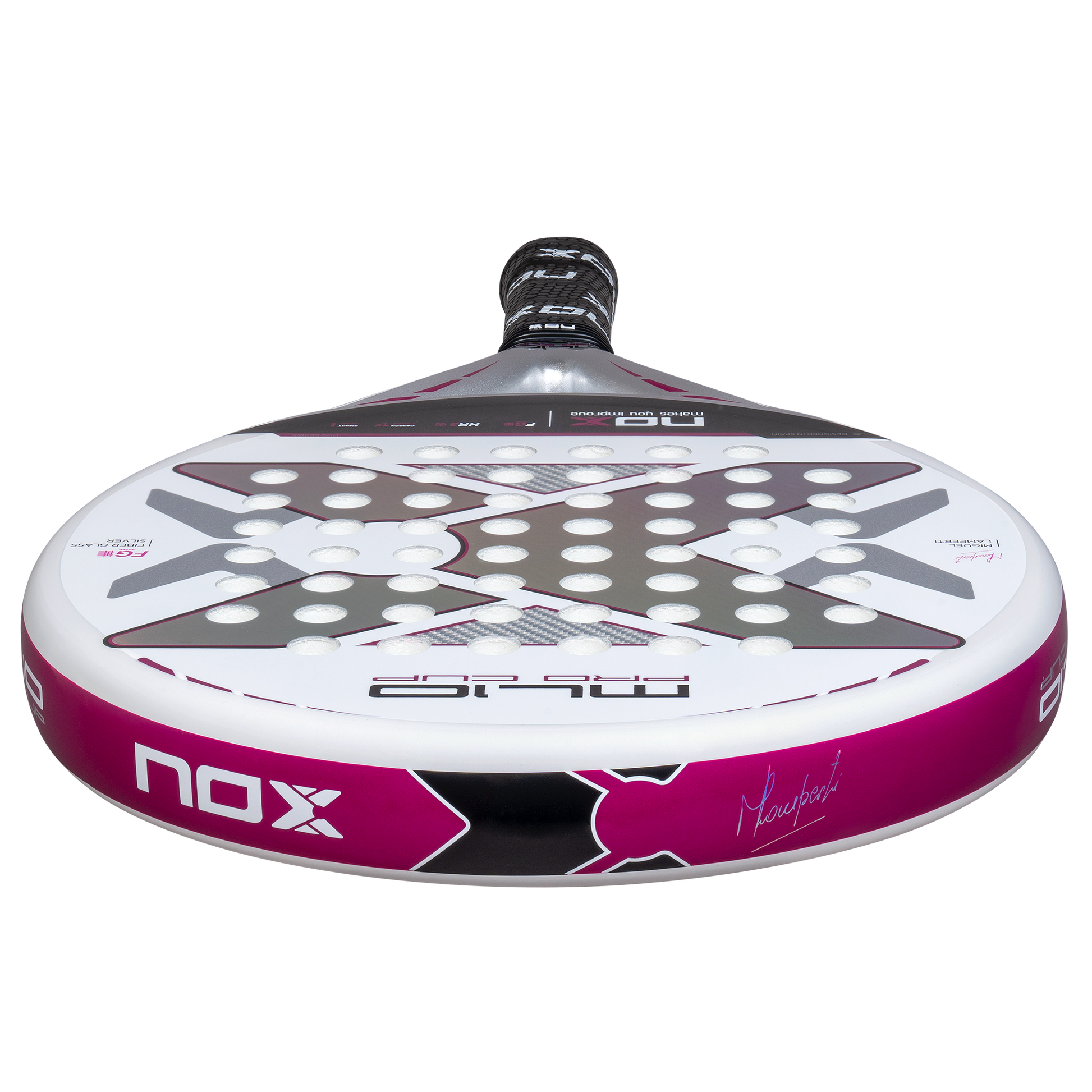 Top view of the NOX ML10 Pro Cup Silver Padel Racket available in New Zealand from ThePadelShop.co.nz