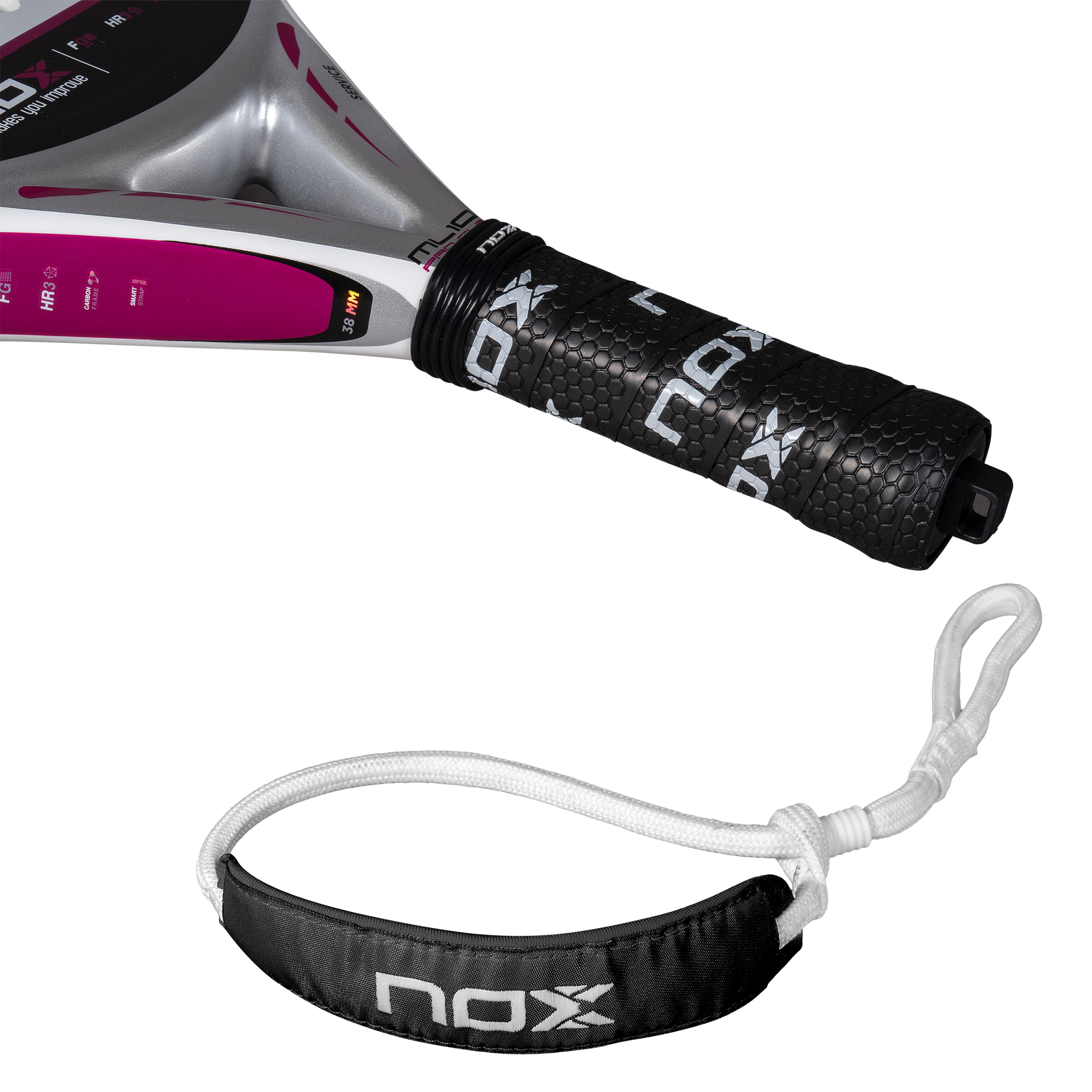 Handle view of the NOX ML10 Pro Cup Silver Padel Racket available in New Zealand from ThePadelShop.co.nz