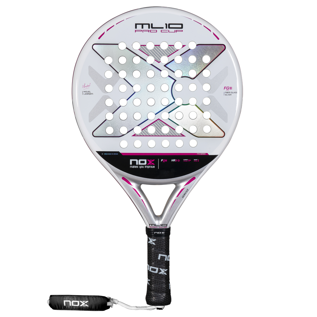 Front view of the NOX ML10 Pro Cup Silver Padel Racket available in New Zealand from ThePadelShop.co.nz