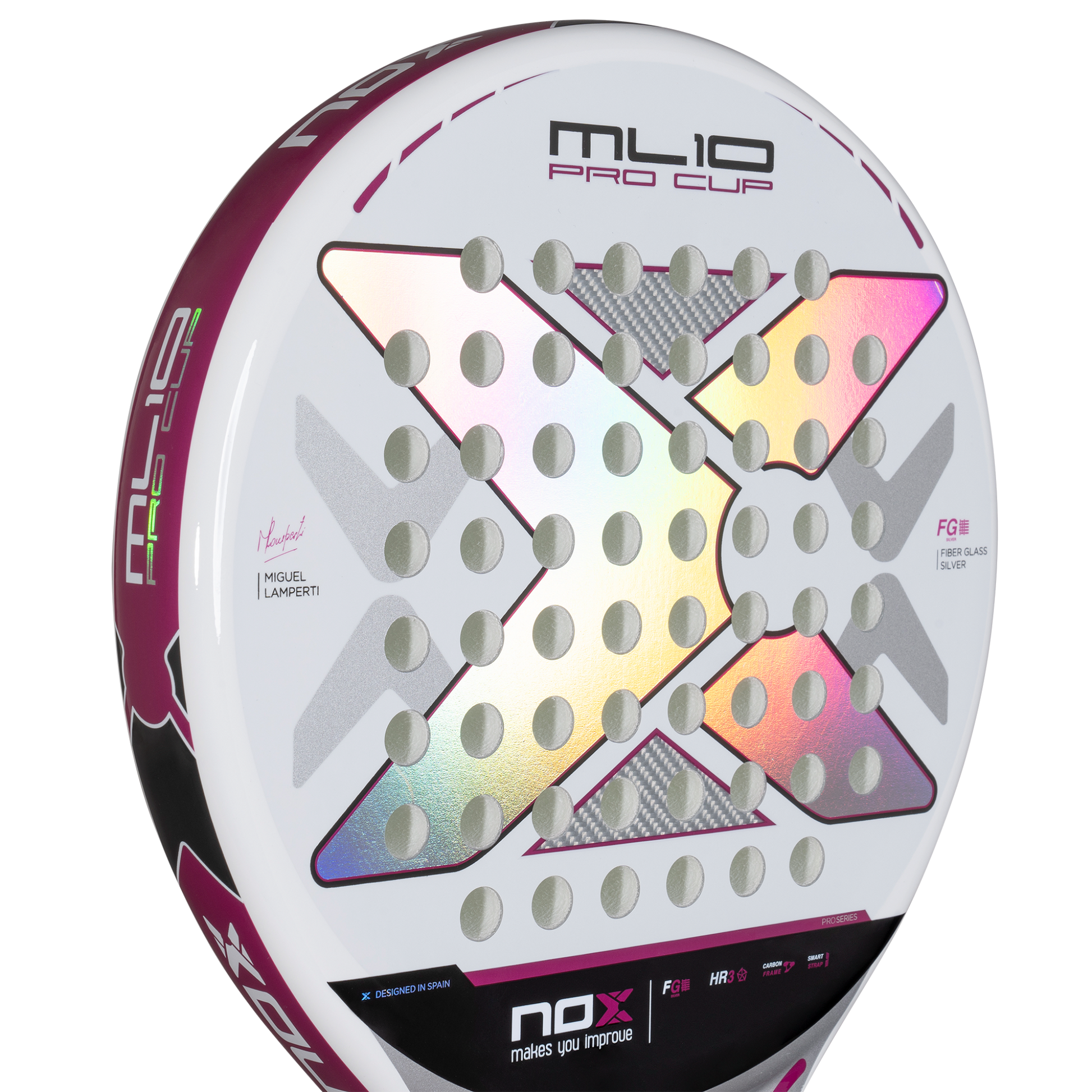 Close up of the hitting surface of the NOX ML10 Pro Cup Silver Padel Racket available in New Zealand from ThePadelShop.co.nz