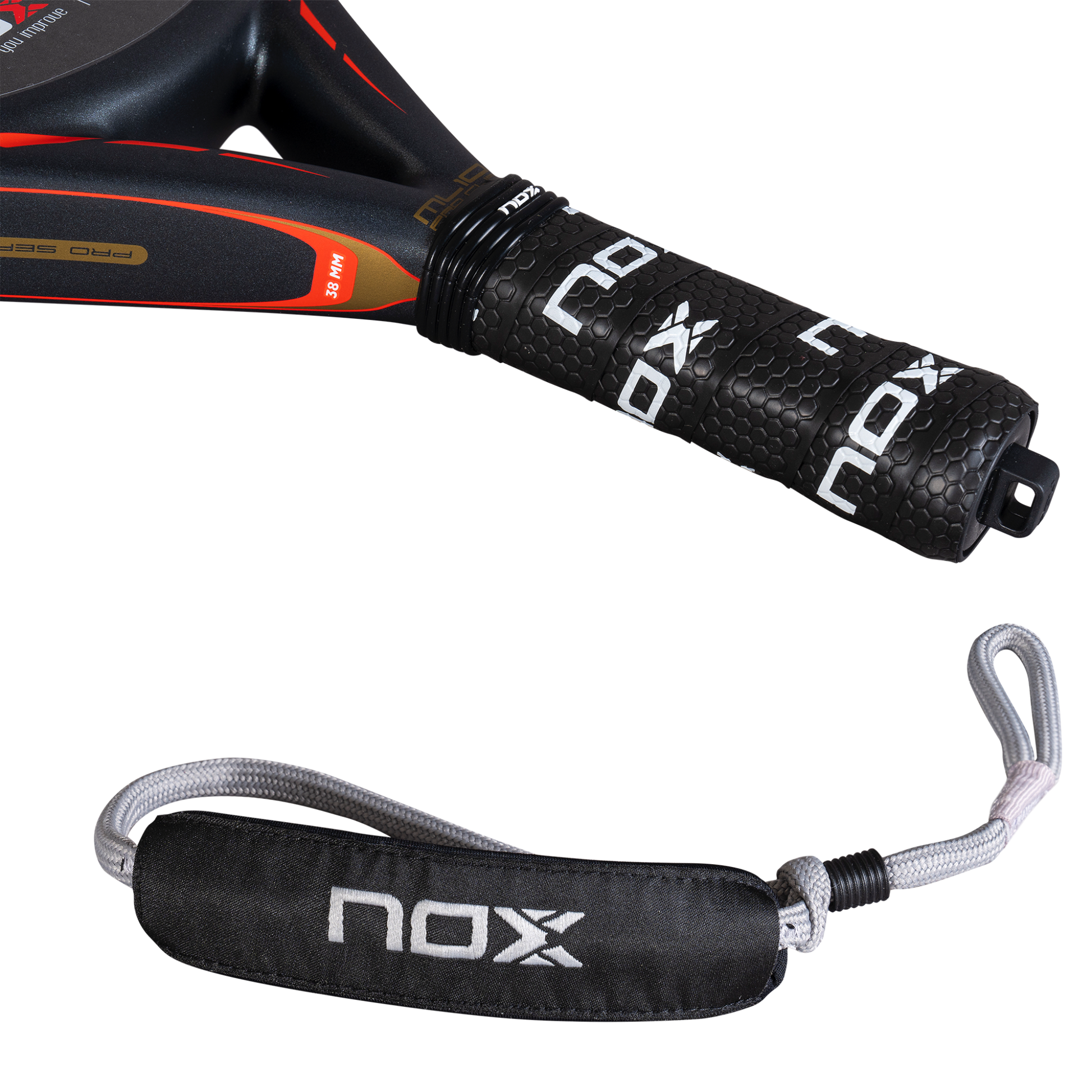 Handle view of the 2025 NOX ML10 Pro Cup Rough Surface Edition Padel racket by Miguel Lamperti available in New Zealand from ThePadelShop.co.nz 