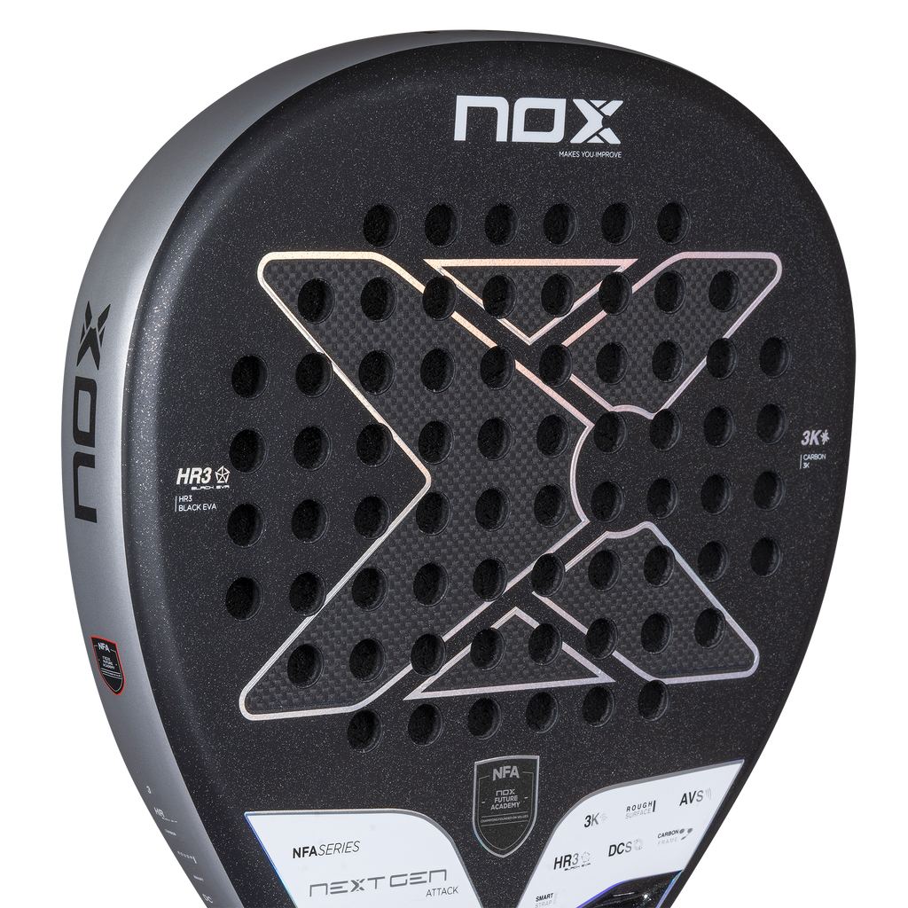 Close up of the face of the NOX Nextgen Pro Attack 3k Padel Racket