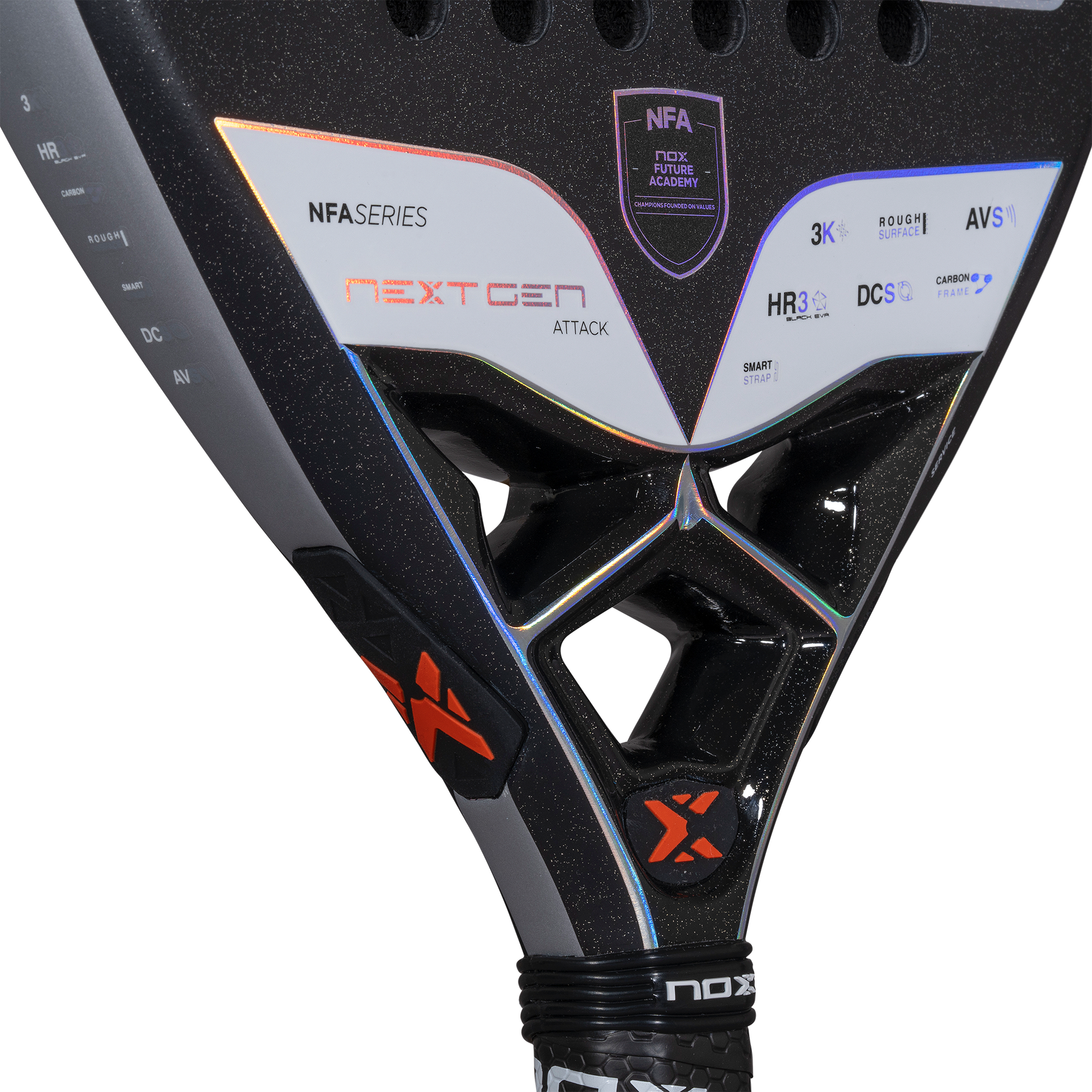Close up of the throat of the NOX Nextgen Pro Attack 3k Padel Racket