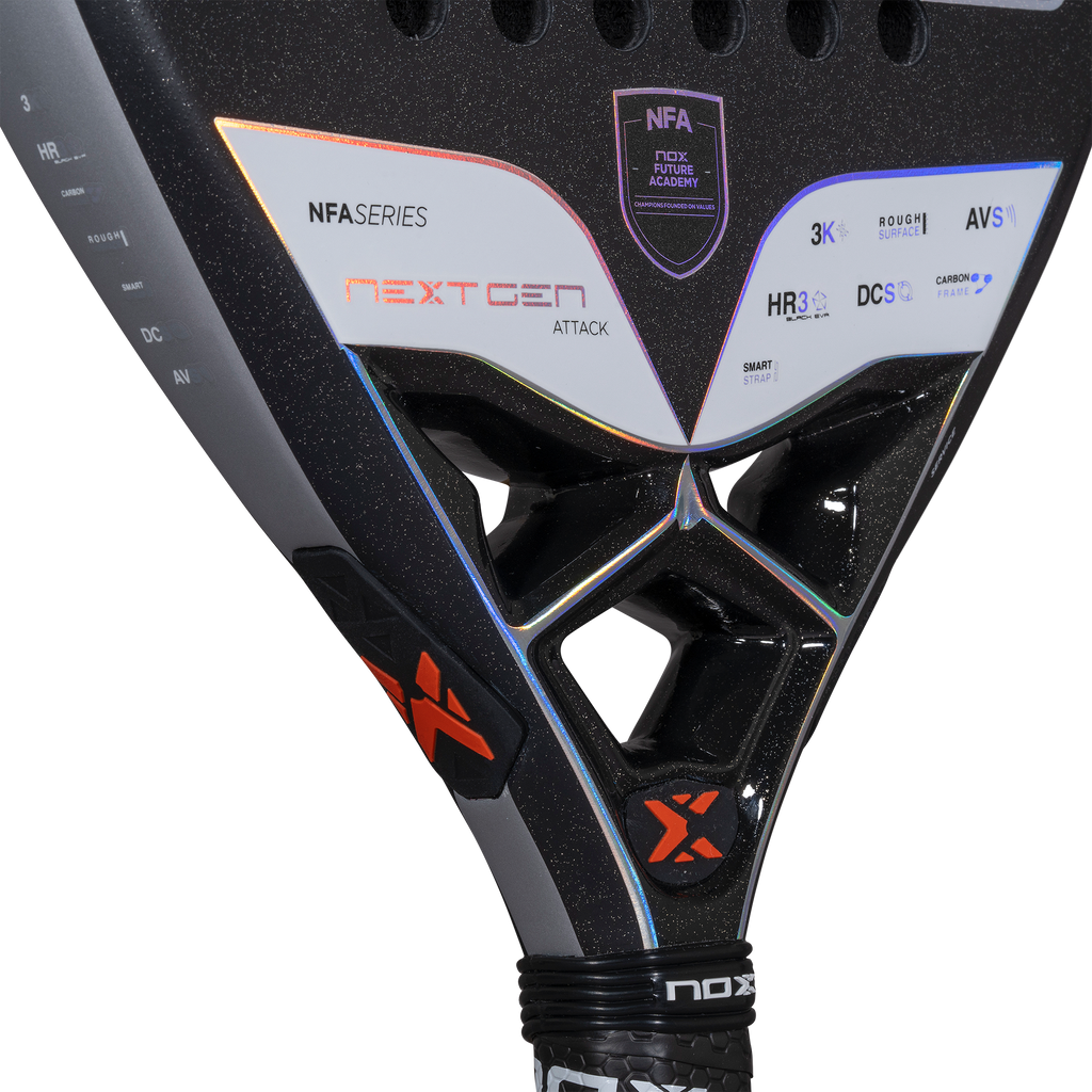 Close up of the throat of the NOX Nextgen Pro Attack 3k Padel Racket