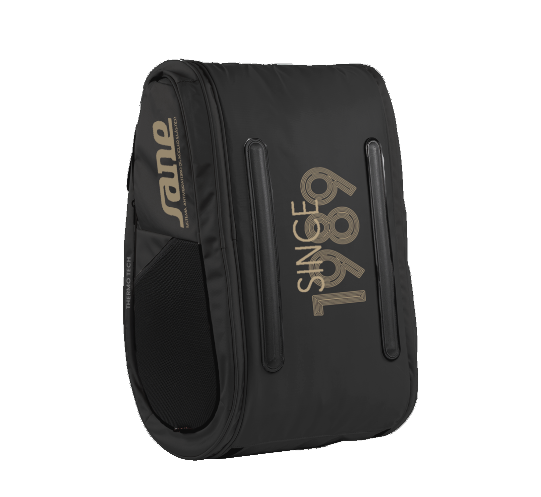45 side image of the Brown and Black SANE Pro Elegance padel racket bag available now in New Zealand from ThePadelShop.co.nz