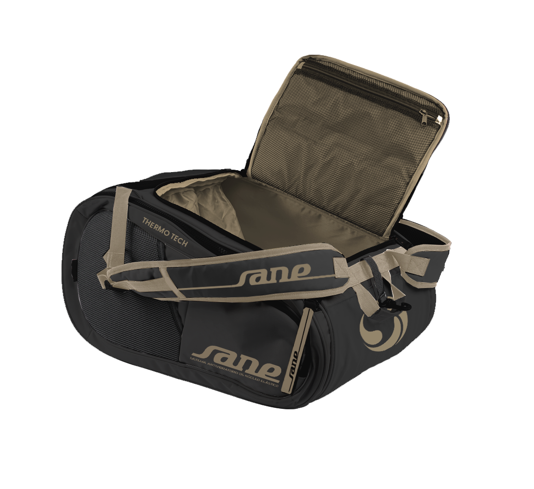 Open bag image of the Brown and Black SANE Pro Elegance padel racket bag available now in New Zealand from ThePadelShop.co.nz