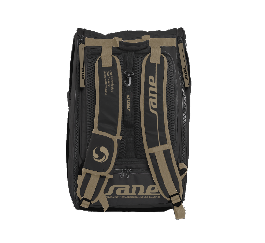 Bag of the bag image of the Brown and Black SANE Pro Elegance padel racket bag available now in New Zealand from ThePadelShop.co.nz