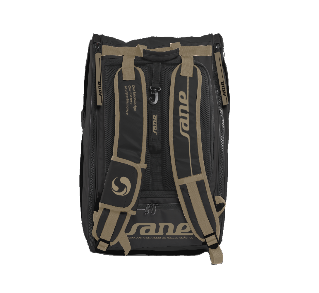 Bag of the bag image of the Brown and Black SANE Pro Elegance padel racket bag available now in New Zealand from ThePadelShop.co.nz