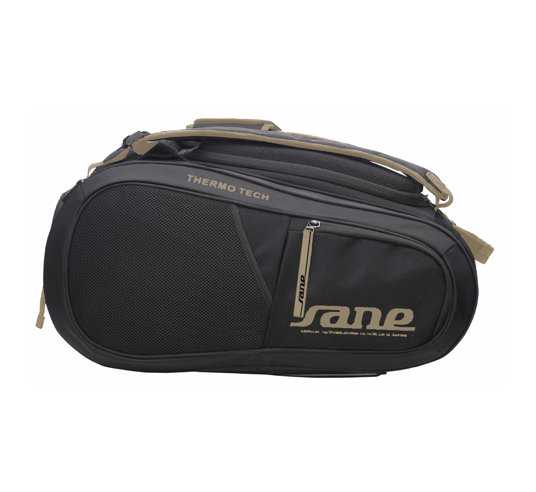 Side image of the Brown and Black SANE Pro Elegance padel racket bag available now in New Zealand from ThePadelShop.co.nz