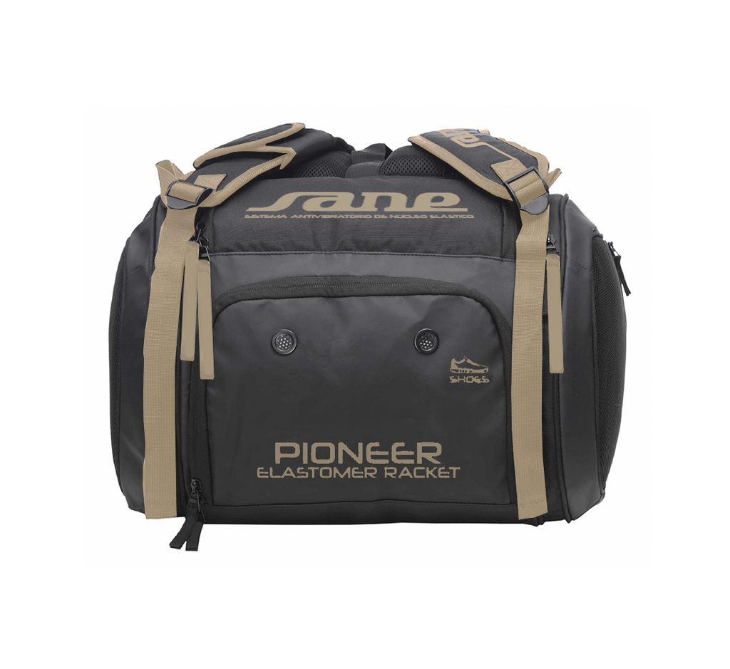 Shoe pocket of the bag image of the Brown and Black SANE Pro Elegance padel racket bag available now in New Zealand from ThePadelShop.co.nz
