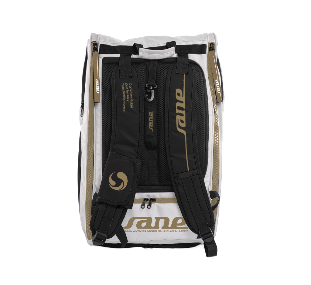Back of the bag image of the White and  Black SANE Pro Elegance padel racket bag available in New Zealand from ThePadelShop.co.nz 