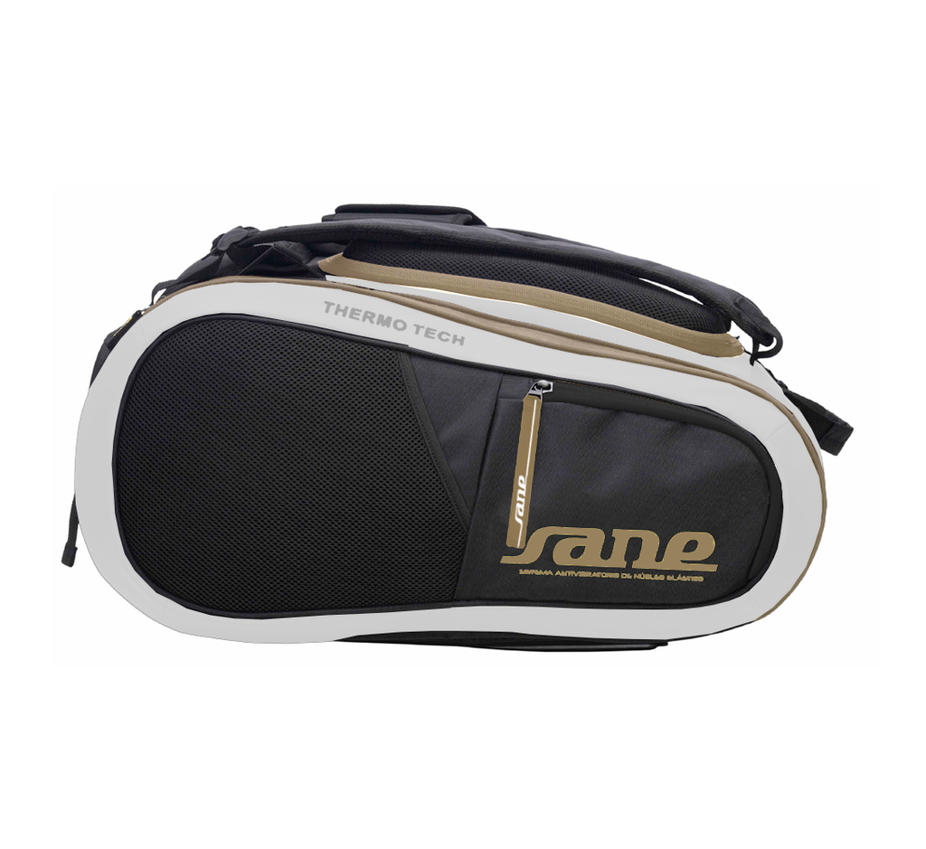 Side image of the White and  Black SANE Pro Elegance padel racket bag available in New Zealand from ThePadelShop.co.nz 