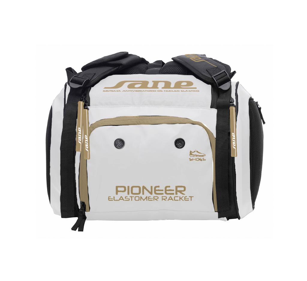 Shoe compartment image of the White and  Black SANE Pro Elegance padel racket bag available in New Zealand from ThePadelShop.co.nz 