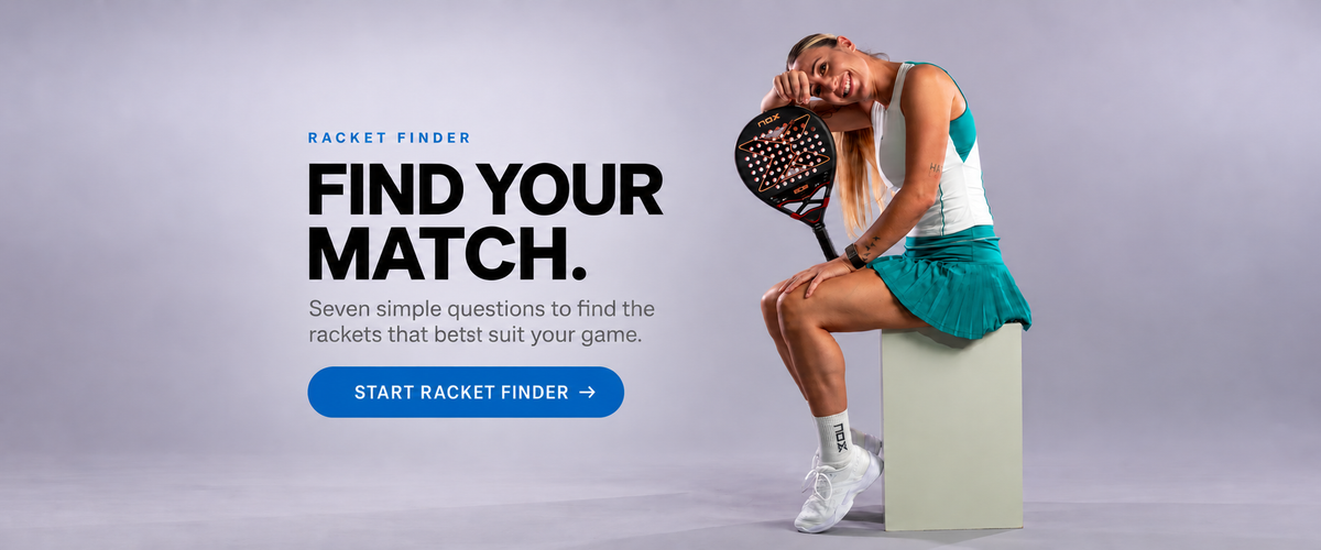 A promotional banner for a padel racket finder service. On the left, bold black text reads 'FIND YOUR MATCH.