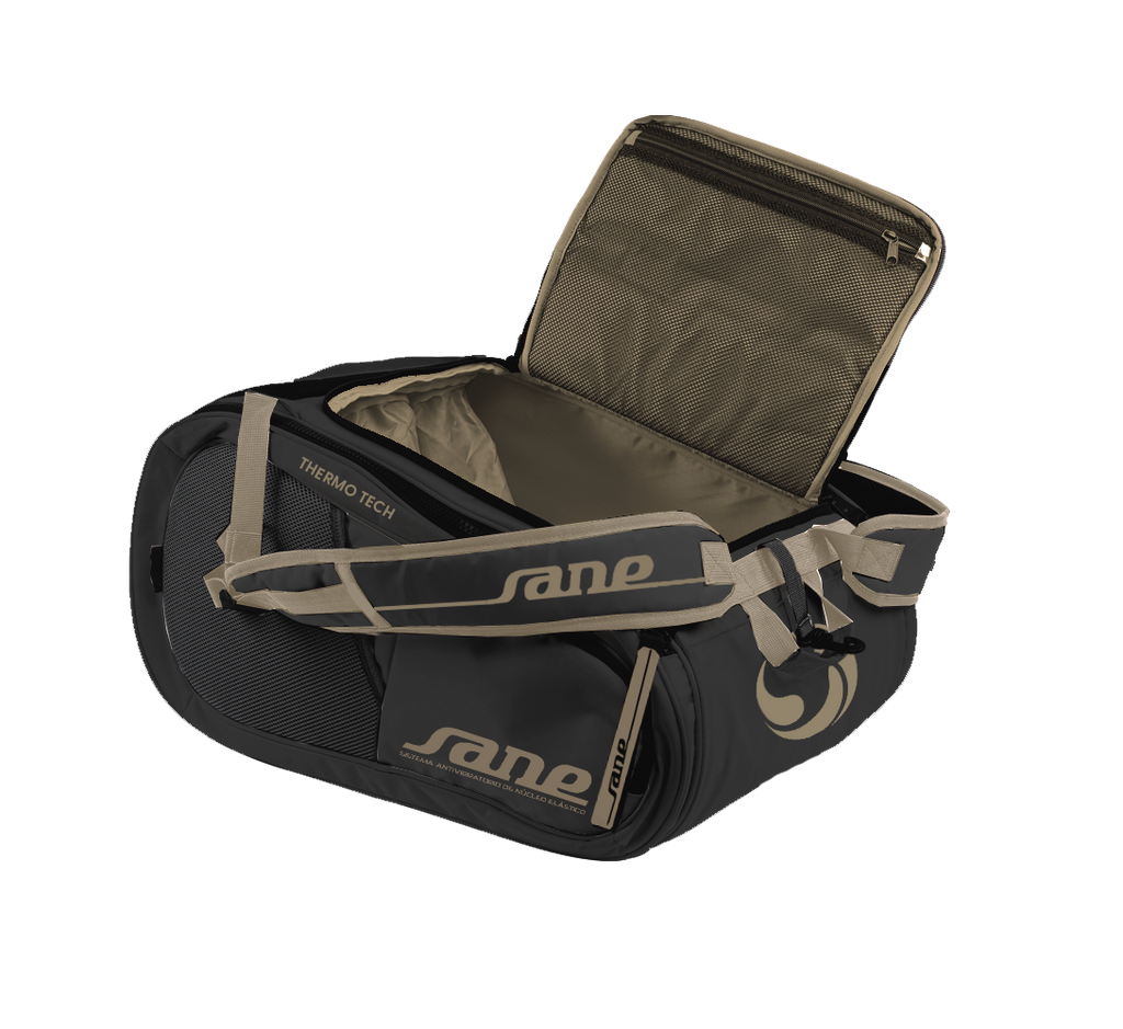 Open bag image of the Brown and Black SANE Pro Elegance padel racket bag available now in New Zealand from ThePadelShop.co.nz