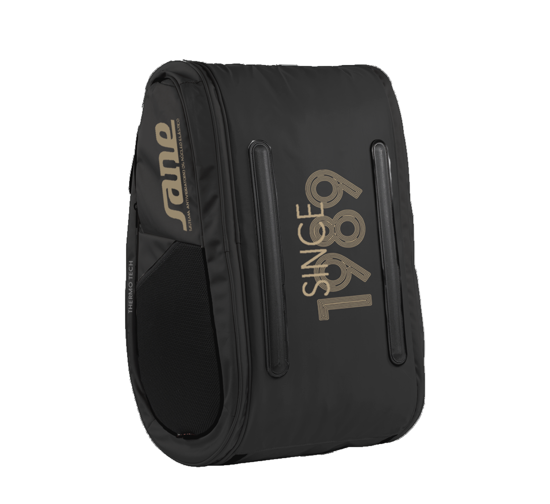 45 side image of the Brown and Black SANE Pro Elegance padel racket bag available now in New Zealand from ThePadelShop.co.nz