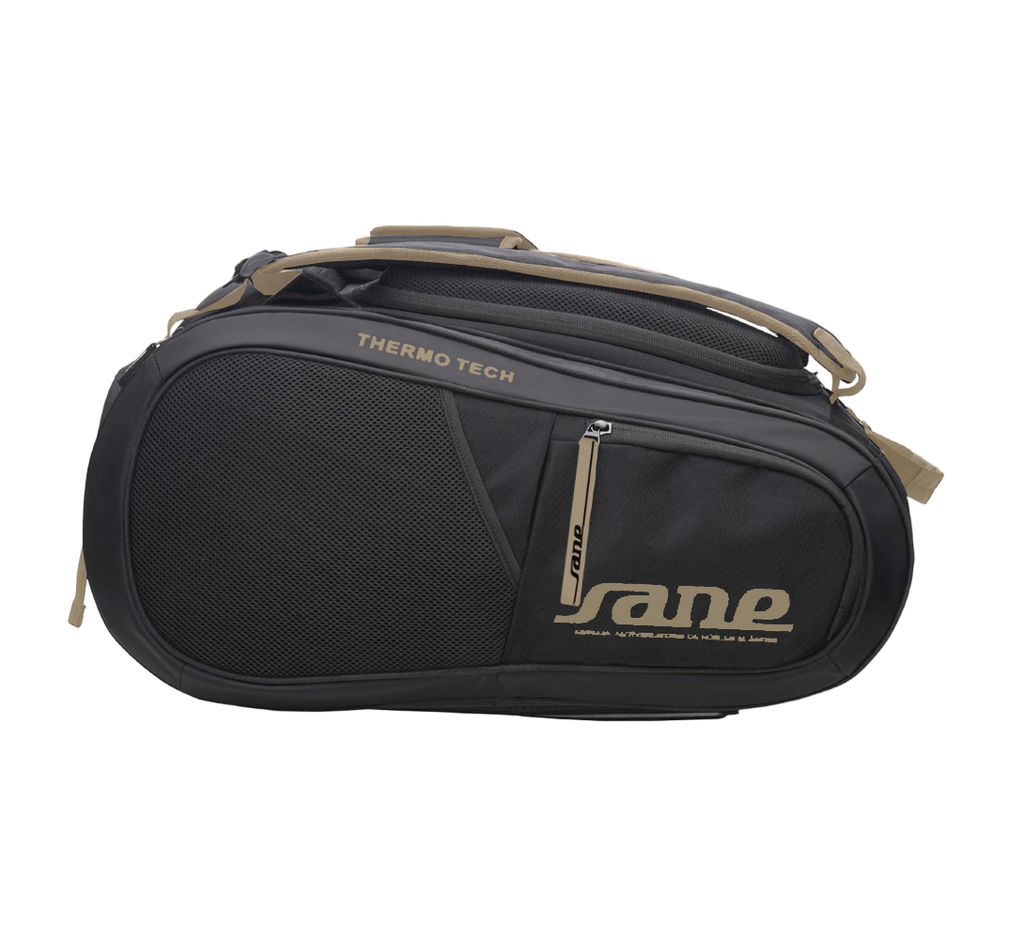 Side image of the Brown and Black SANE Pro Elegance padel racket bag available now in New Zealand from ThePadelShop.co.nz