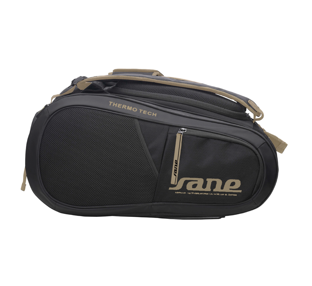 Side image of the Brown and Black SANE Pro Elegance padel racket bag available now in New Zealand from ThePadelShop.co.nz