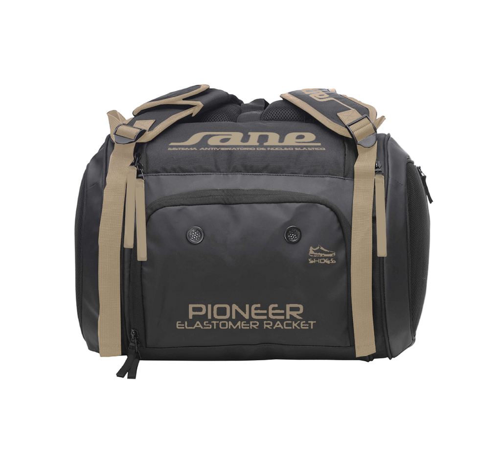 Shoe pocket of the bag image of the Brown and Black SANE Pro Elegance padel racket bag available now in New Zealand from ThePadelShop.co.nz