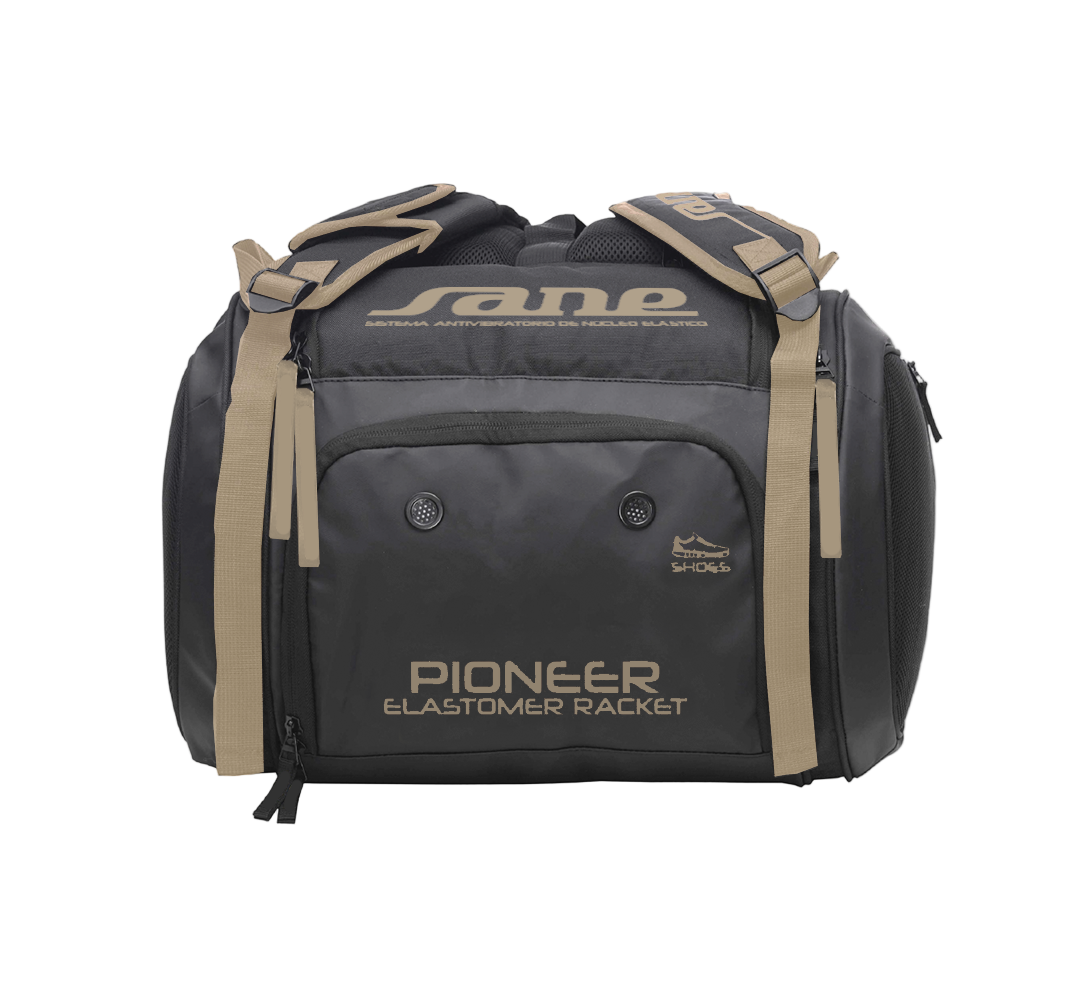 Shoe pocket of the bag image of the Brown and Black SANE Pro Elegance padel racket bag available now in New Zealand from ThePadelShop.co.nz