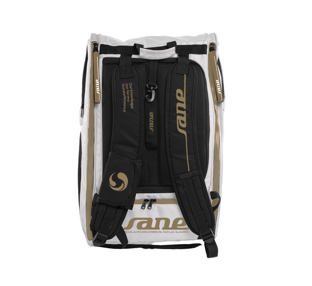 Back of the bag image of the White and  Black SANE Pro Elegance padel racket bag available in New Zealand from ThePadelShop.co.nz 