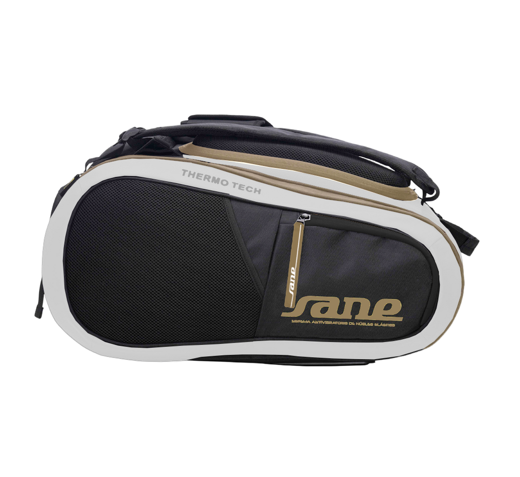 Side image of the White and  Black SANE Pro Elegance padel racket bag available in New Zealand from ThePadelShop.co.nz 