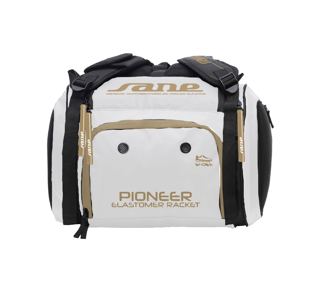 Shoe compartment image of the White and  Black SANE Pro Elegance padel racket bag available in New Zealand from ThePadelShop.co.nz 