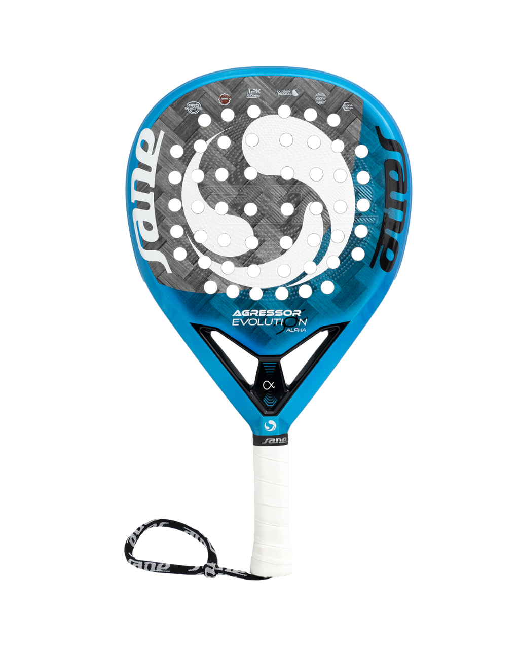 Front image of the SANE Agressor Evolution Alpha padel racket available in New Zealand from ThePadelShop.co.nz