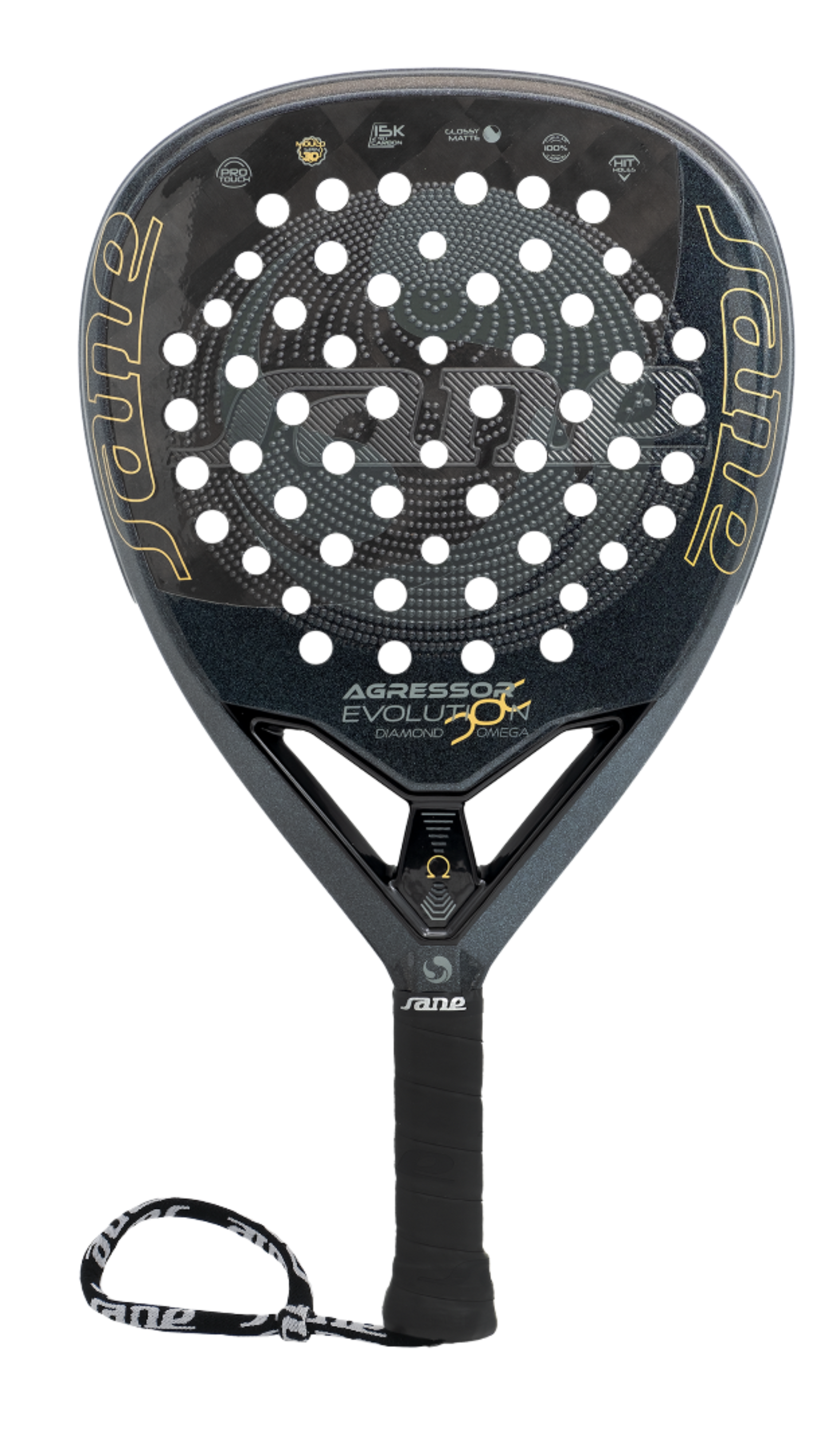 Front image of the SANE Agressor Evolution Diamond Omega 2025 Padel racket that is on sale at The Padel Shop NZ
