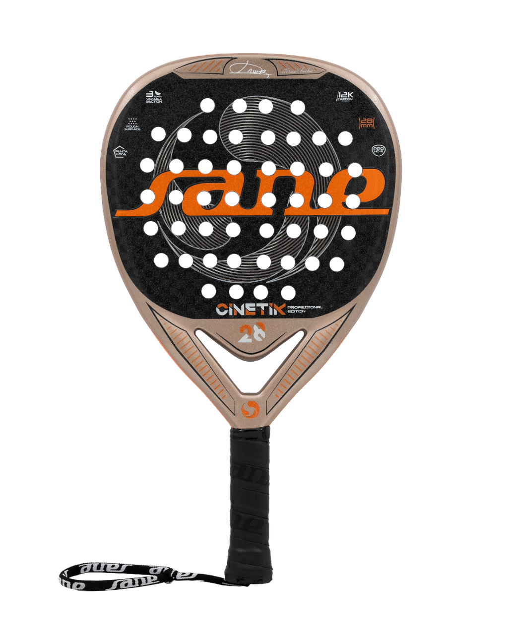 Front image of the SANE Cinetik 28 Professional - Javi Ruiz Padel racket available in New Zealand from ThePadelShop.co.nz