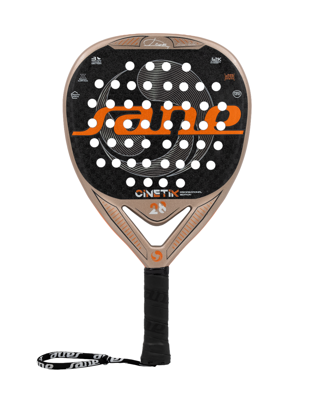 Front image of the SANE Cinetik 28 Professional - Javi Ruiz Padel racket available in New Zealand from ThePadelShop.co.nz