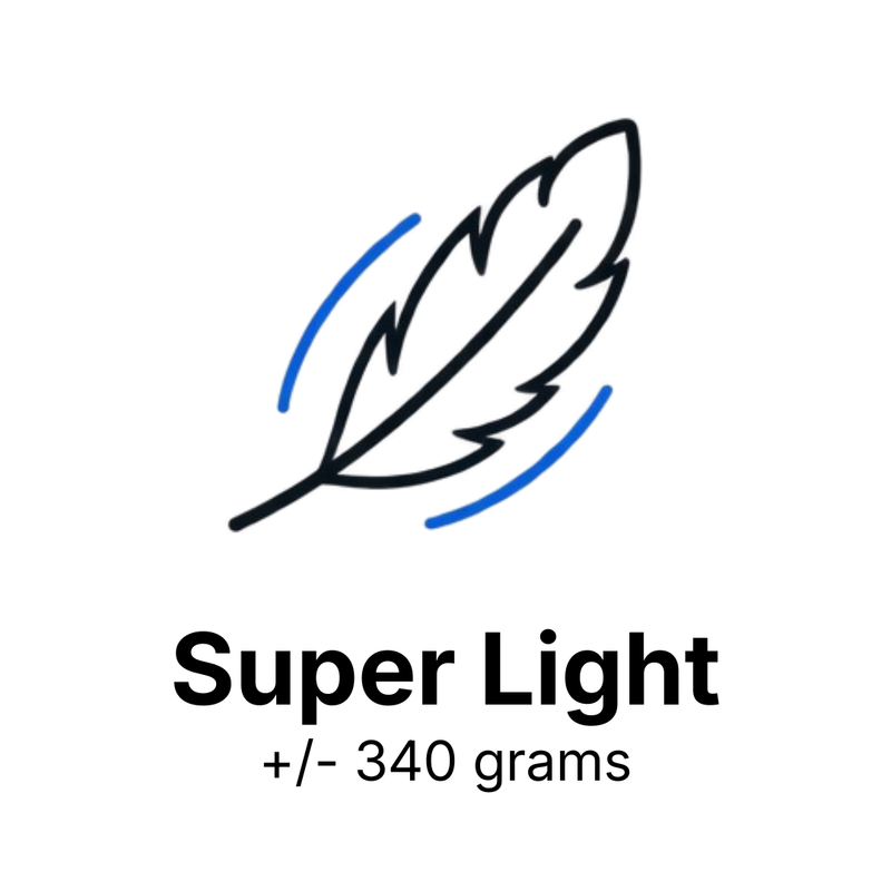 A simple graphic on a white background showing a black feather outline with blue curved accent lines above the text 'Super Light' and '+/- 340 grams'.