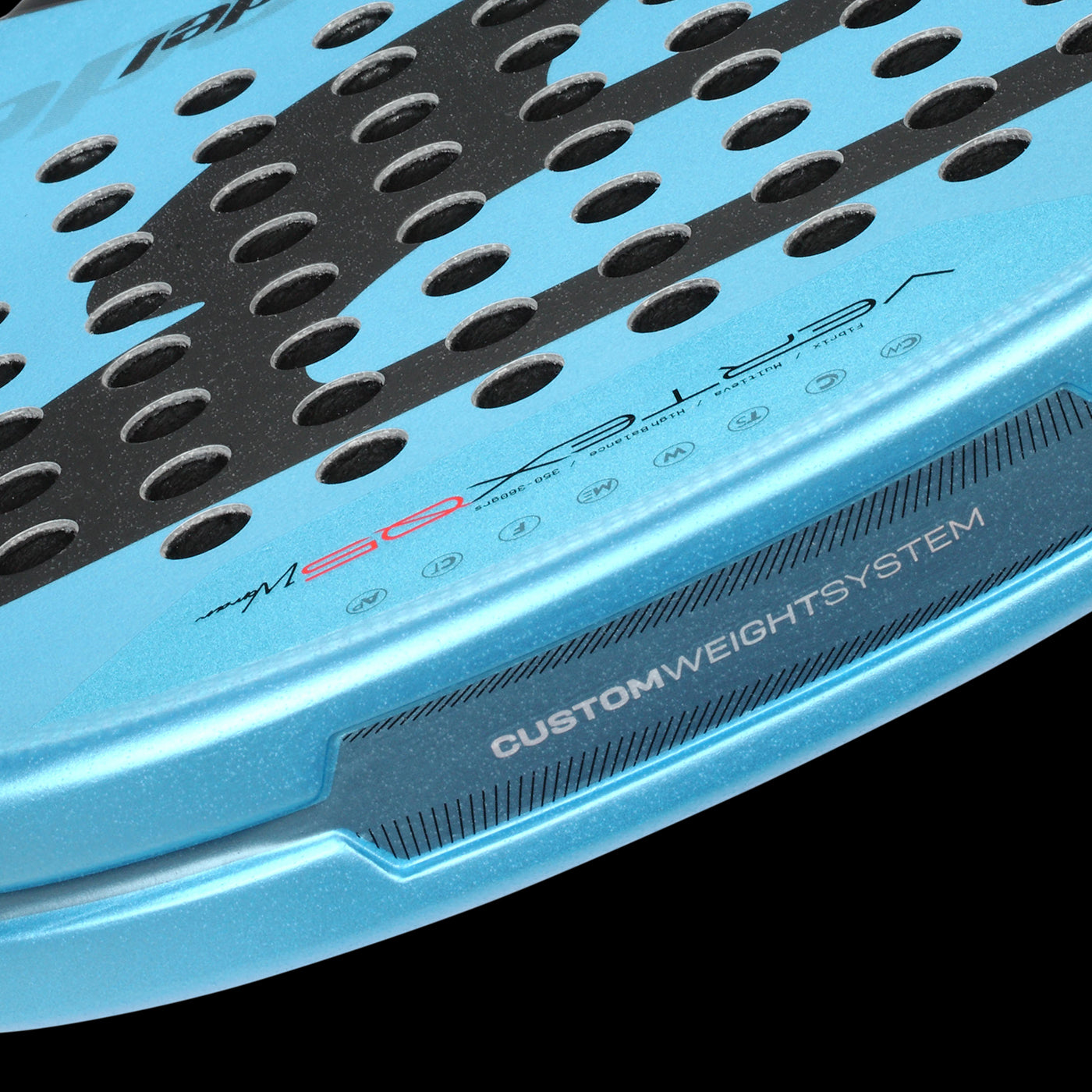 close up of the custom weight system of the Bullpadel Vertex 05 Woman  2026 padel racket available in New Zealand from ThepadelShop.co.nz